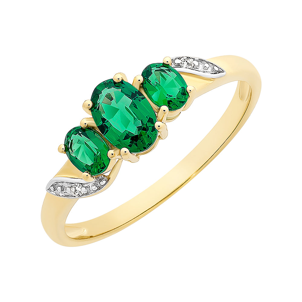 9k Created Emerald & Diamond Ring