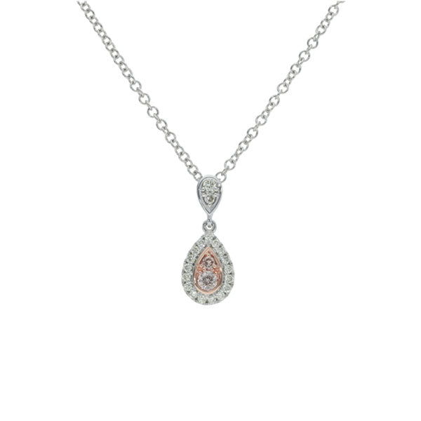 Pink Caviar pear drop pendant set with pink and white diamonds.