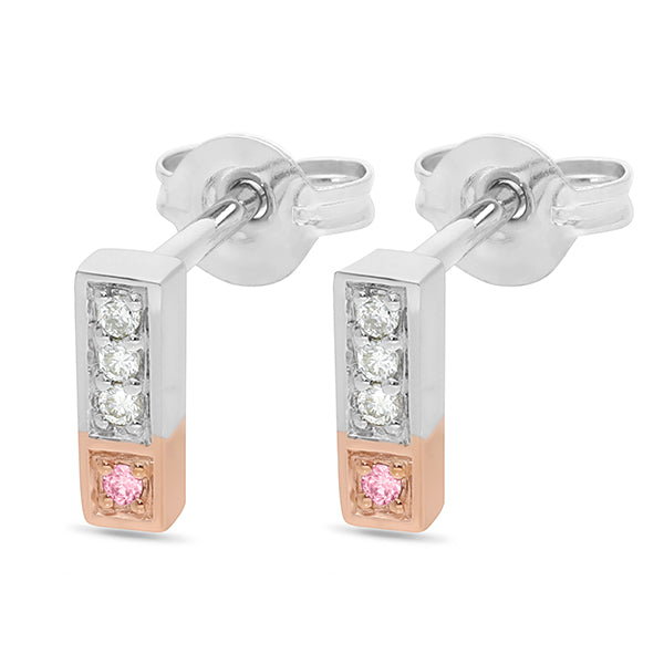 Pink Caviar bar stud earrings set with pink and white diamonds.