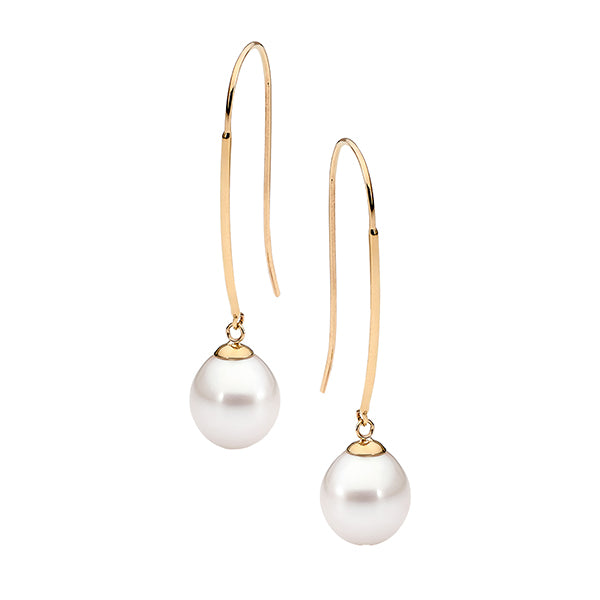 9k Yellow Gold Freshwater Pearl Long Hook Earrings