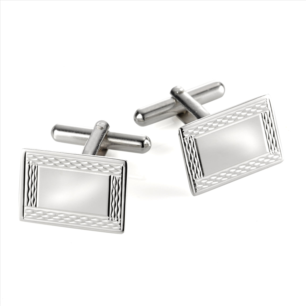 Sterling Silver Rectangle Cufflinks with Engine Turn Frame