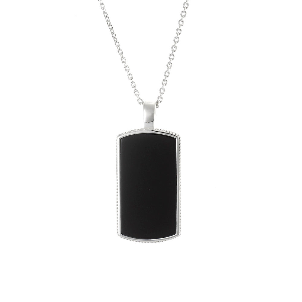 Sterling Silver/Black Agate Dog Tag/55cm Chain