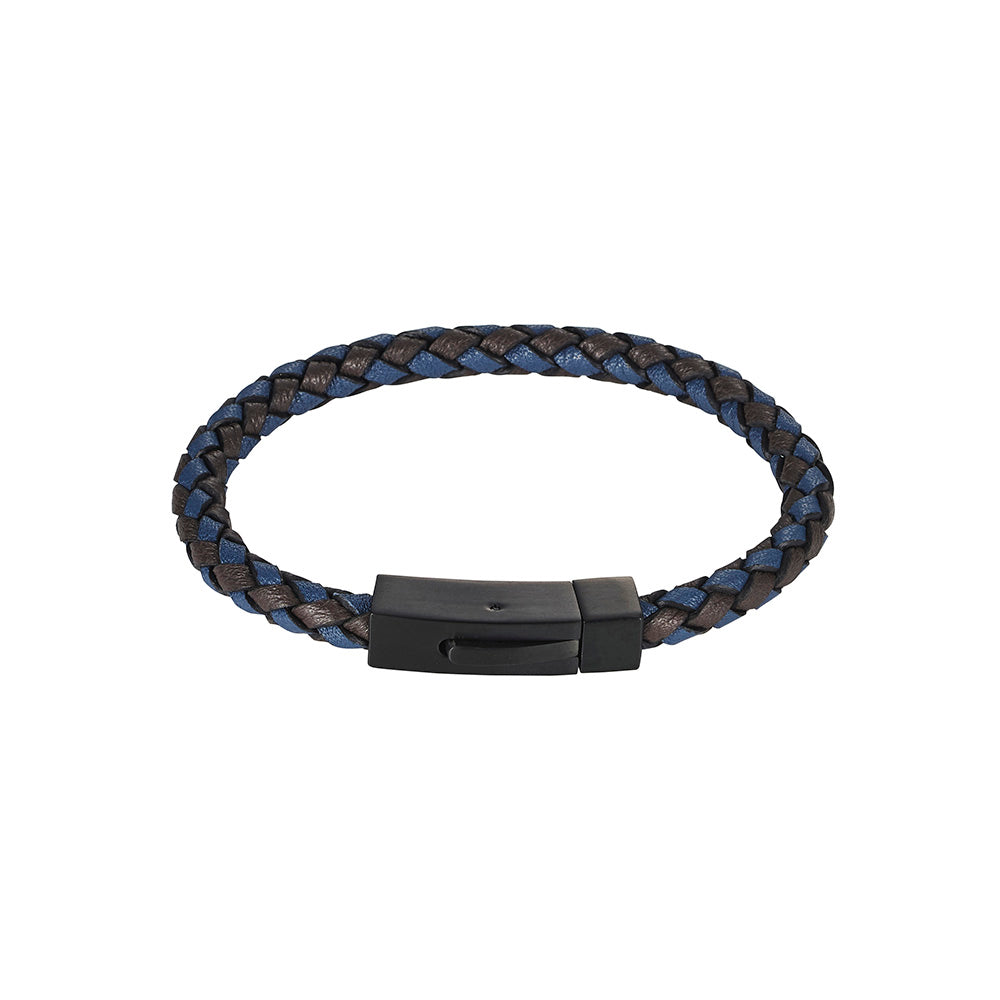 Black+Blue Italian Leather/Black Ion Plated Stainless Steel Bracelet